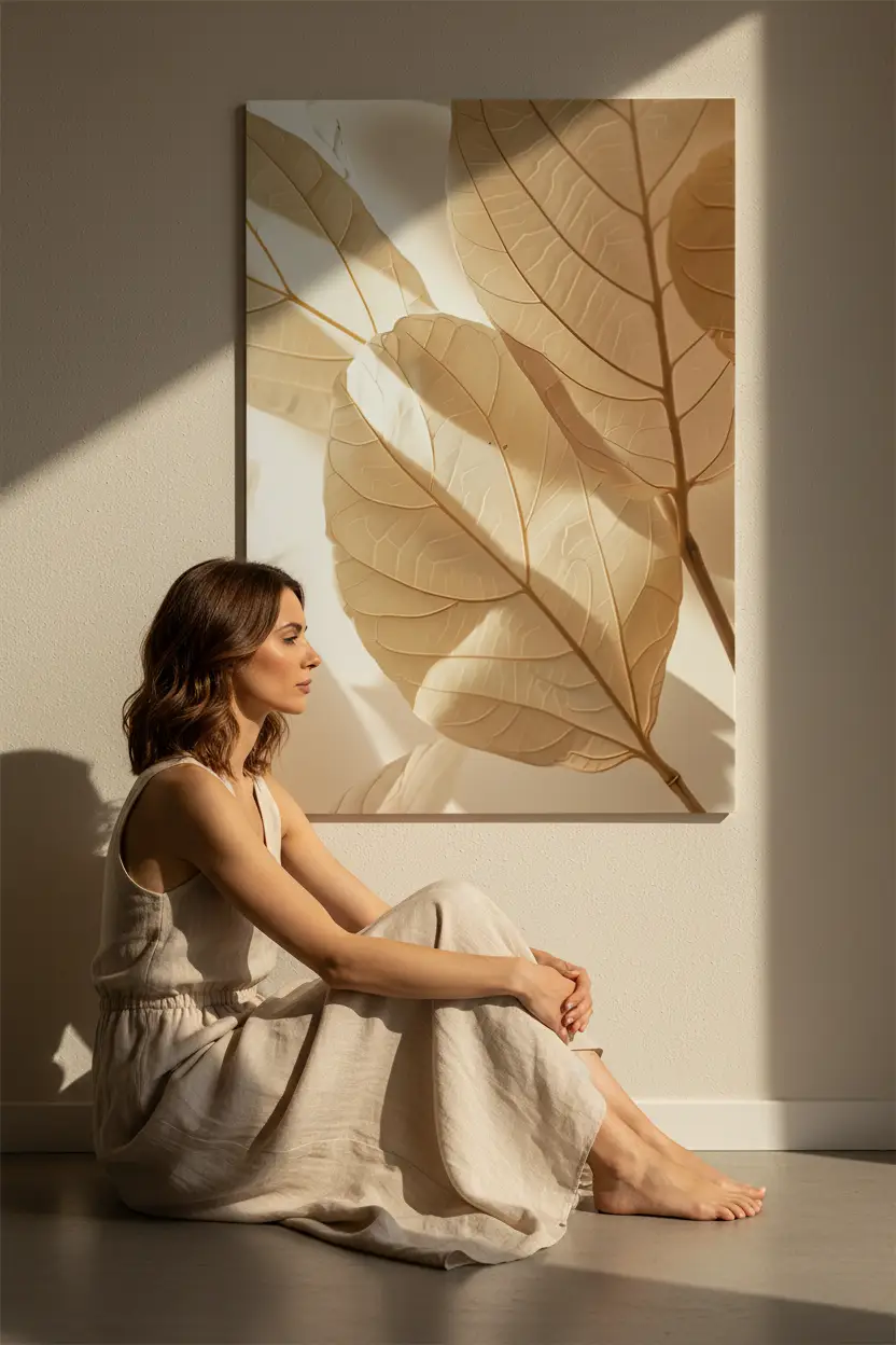 L’Ombre des Feuilles — Affiche murale minimaliste beige sable feuilles ombres dorées, affiche murale minimaliste avec cadre bois, décoration murale salon ou chambre, style méditerranéen