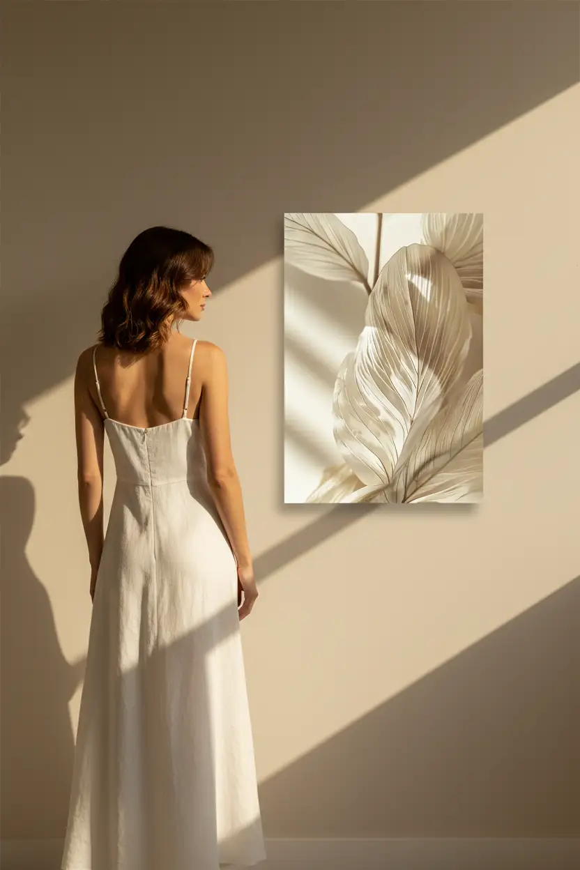 La Feuille Sculptée — Affiche murale minimaliste ivoire feuille ondulée texture sculptée, affiche murale minimaliste avec cadre bois, décoration murale salon ou chambre, style méditerranéen