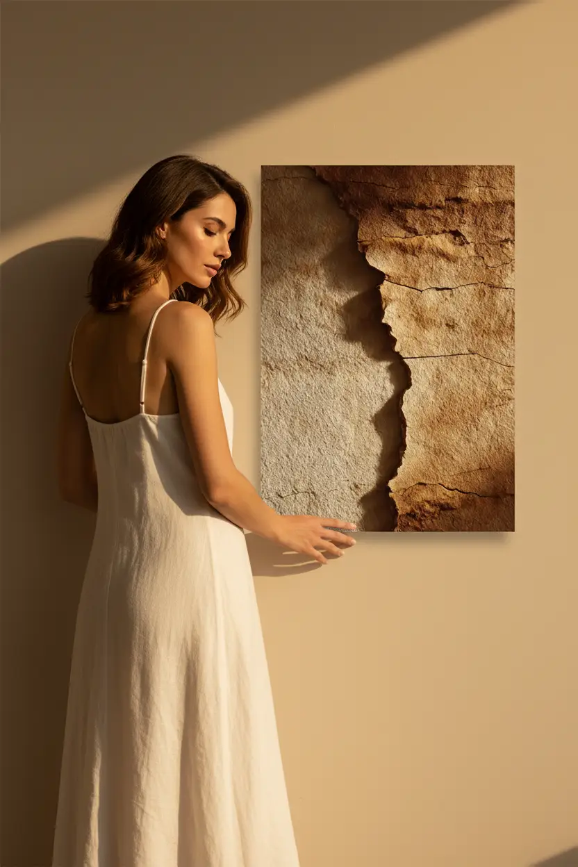 La Fissure de Grès — Affiche murale minimaliste macro fissure grès doré ocre lumière rasante minéral, affiche murale minimaliste avec cadre bois, décoration murale salon ou chambre, style méditerranéen