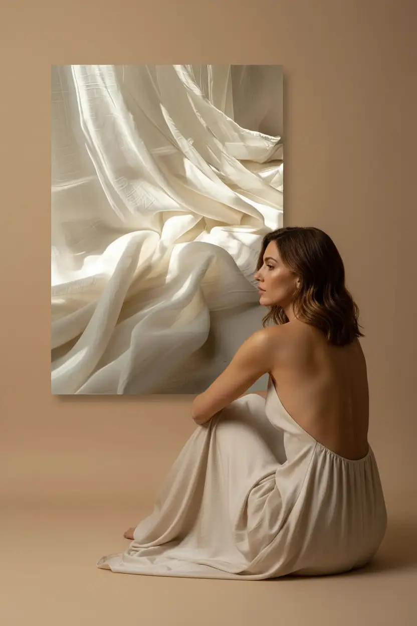 Le Lin Draпé — Affiche murale minimaliste macro tissu lin ivoire drapé vagues fluides texture abstrait, affiche murale minimaliste avec cadre bois, décoration murale salon ou chambre, style méditerranéen