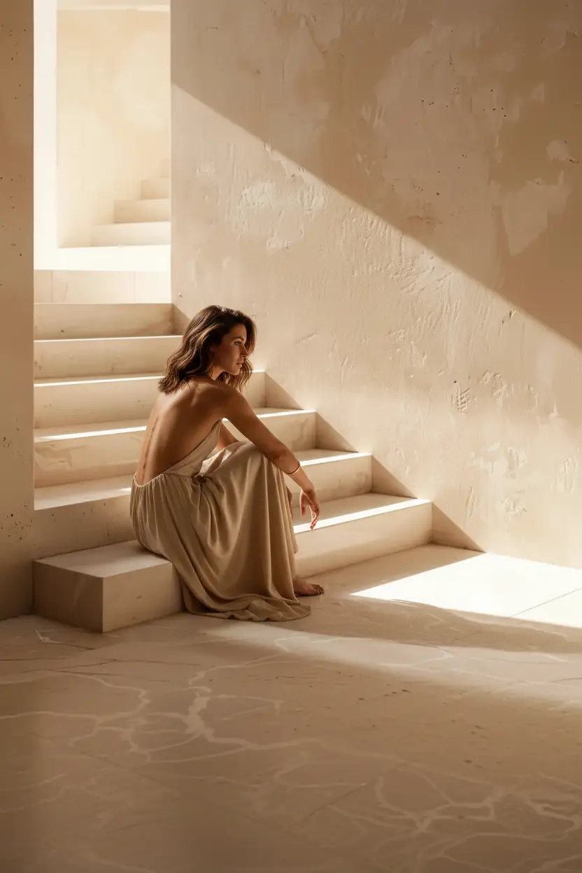 L’Escalier de Sable — Affiche murale minimaliste escalier enduit sable lumière triangle ombres architecture, affiche murale minimaliste avec cadre bois, décoration murale salon ou chambre, style méditerranéen