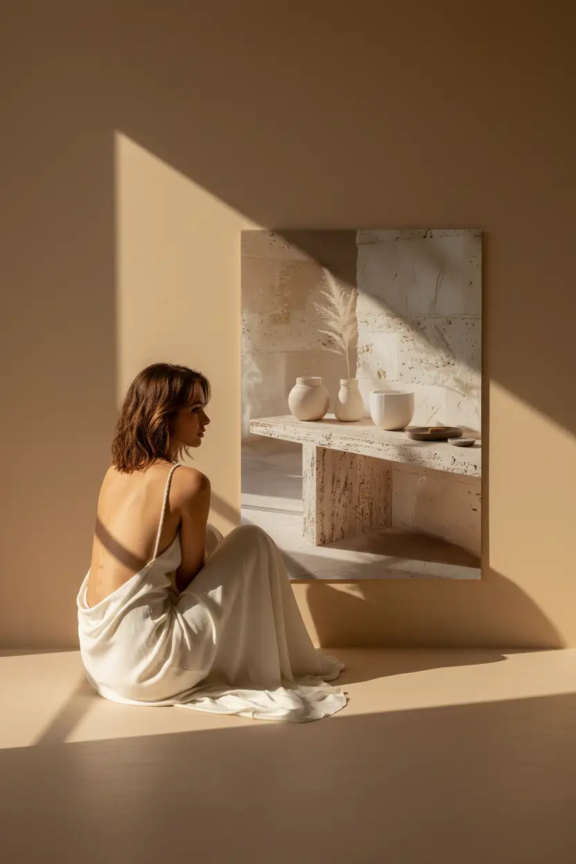 La Table de Travertin — Affiche murale minimaliste table sculpturale travertin pampa céramiques minéral, affiche murale minimaliste avec cadre bois, décoration murale salon ou chambre, style méditerranéen
