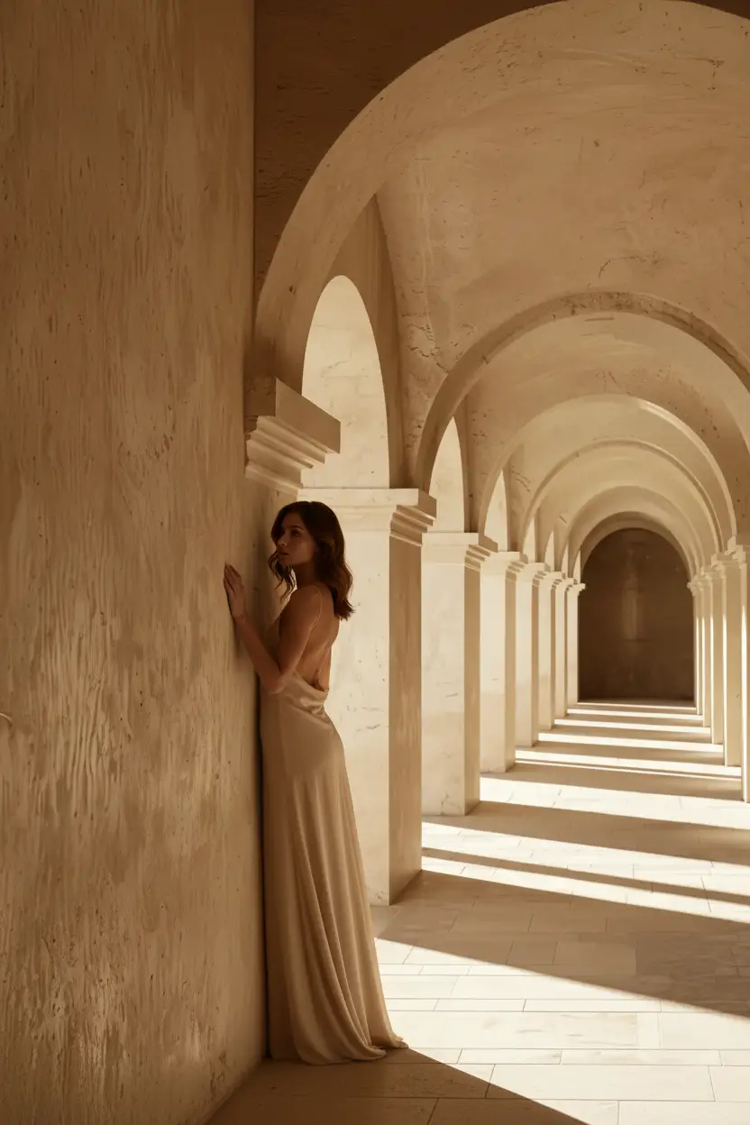 La Galerie des Arches — Affiche murale minimaliste couloir voûté arches romanes colonnes calcaire lumière architecture, affiche murale minimaliste avec cadre bois, décoration murale salon ou chambre, style méditerranéen