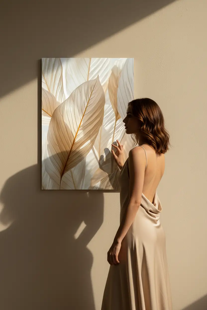 Le Velours Végétal — Affiche murale minimaliste sable ivoire feuilles nervures dorées, affiche murale minimaliste avec cadre bois, décoration murale salon ou chambre, style méditerranéen