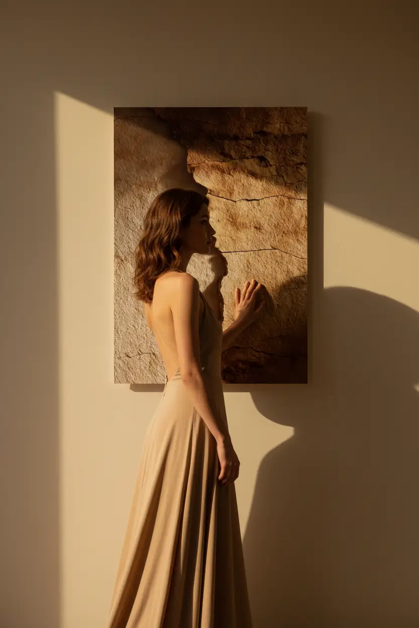 La Grieta de Arenisca — Póster minimalista de pared dorado luz rasante