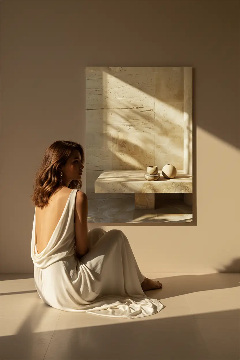 Le Banc de Pierre — Affiche murale minimaliste banc travertin céramiques sable lumière minéral, affiche murale minimaliste avec cadre bois, décoration murale salon ou chambre, style méditerranéen