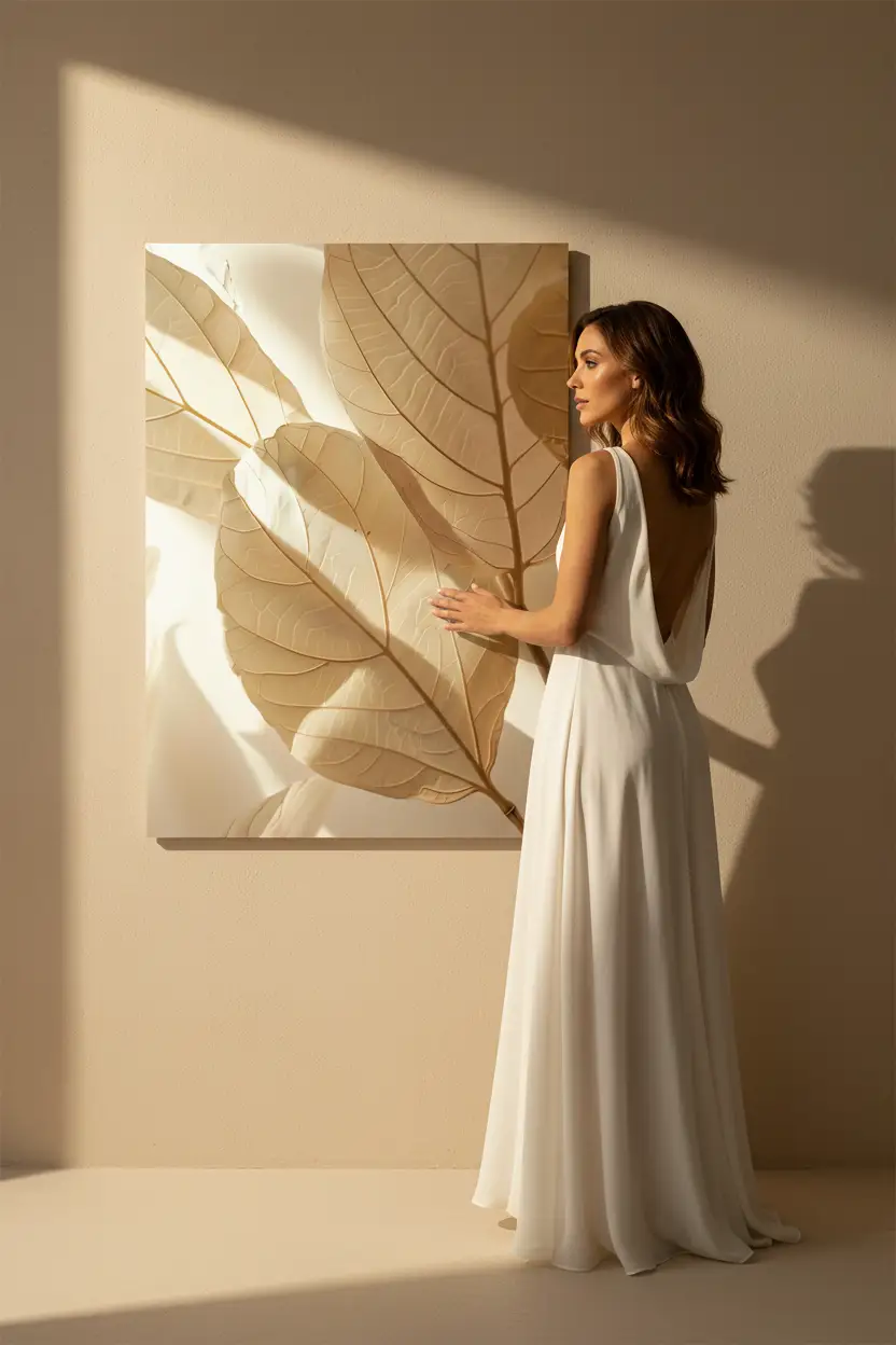 L’Ombre des Feuilles — Affiche murale minimaliste beige sable feuilles ombres dorées, affiche murale minimaliste avec cadre bois, décoration murale salon ou chambre, style méditerranéen