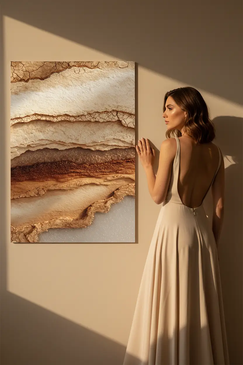 Les Strates de l’Ocre — Affiche murale minimaliste macro strates sédimentaires grès ocre brun lumière rasante minéral, affiche murale minimaliste avec cadre bois, décoration murale salon ou chambre, style méditerranéen