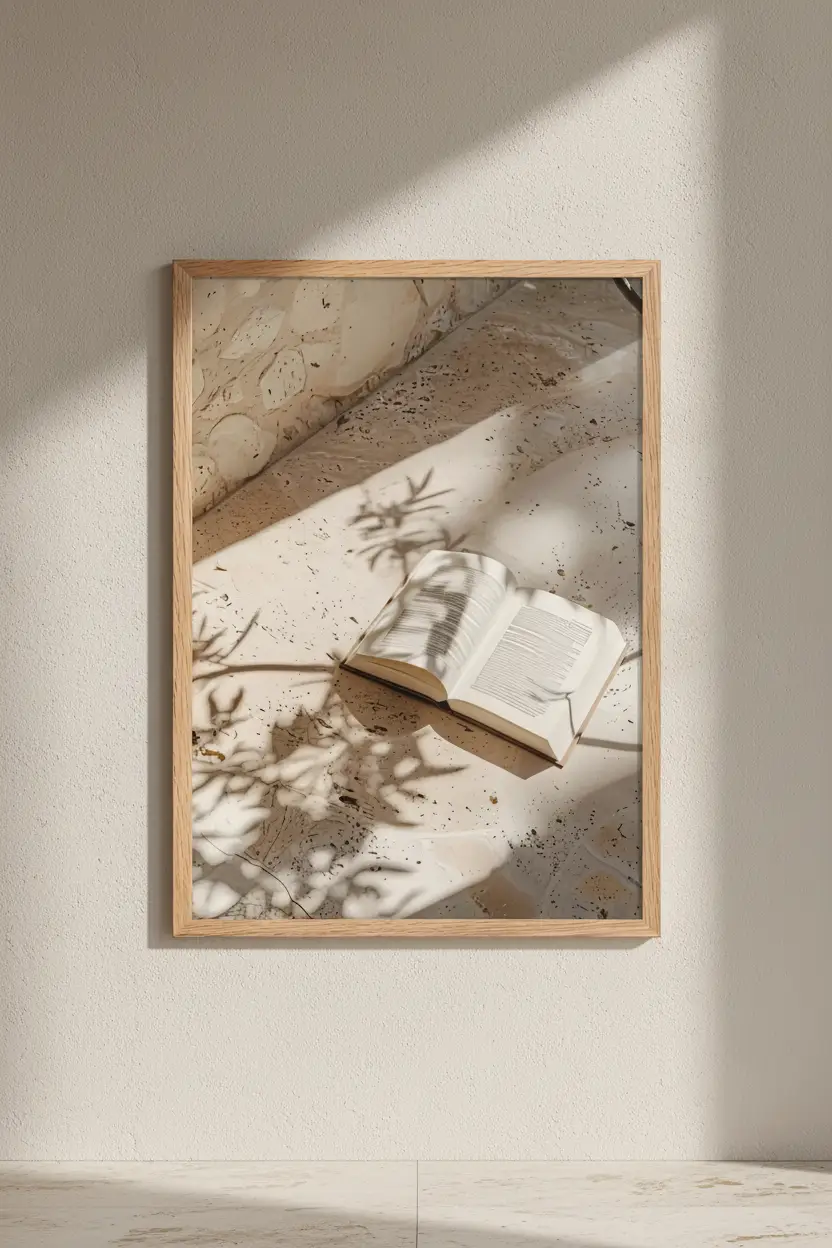 L'Ombre du Livre — Affiche murale minimaliste beige travertin, affiche murale minimaliste avec cadre bois, décoration murale salon ou chambre, style méditerranéen