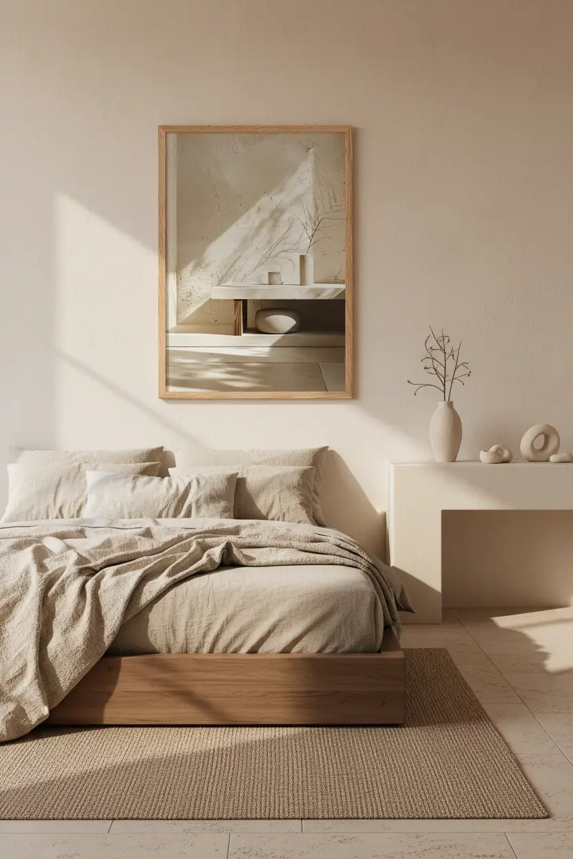 La Console et la Lumière — Affiche murale minimaliste sable intérieur, affiche murale minimaliste avec cadre bois, décoration murale salon ou chambre, style méditerranéen