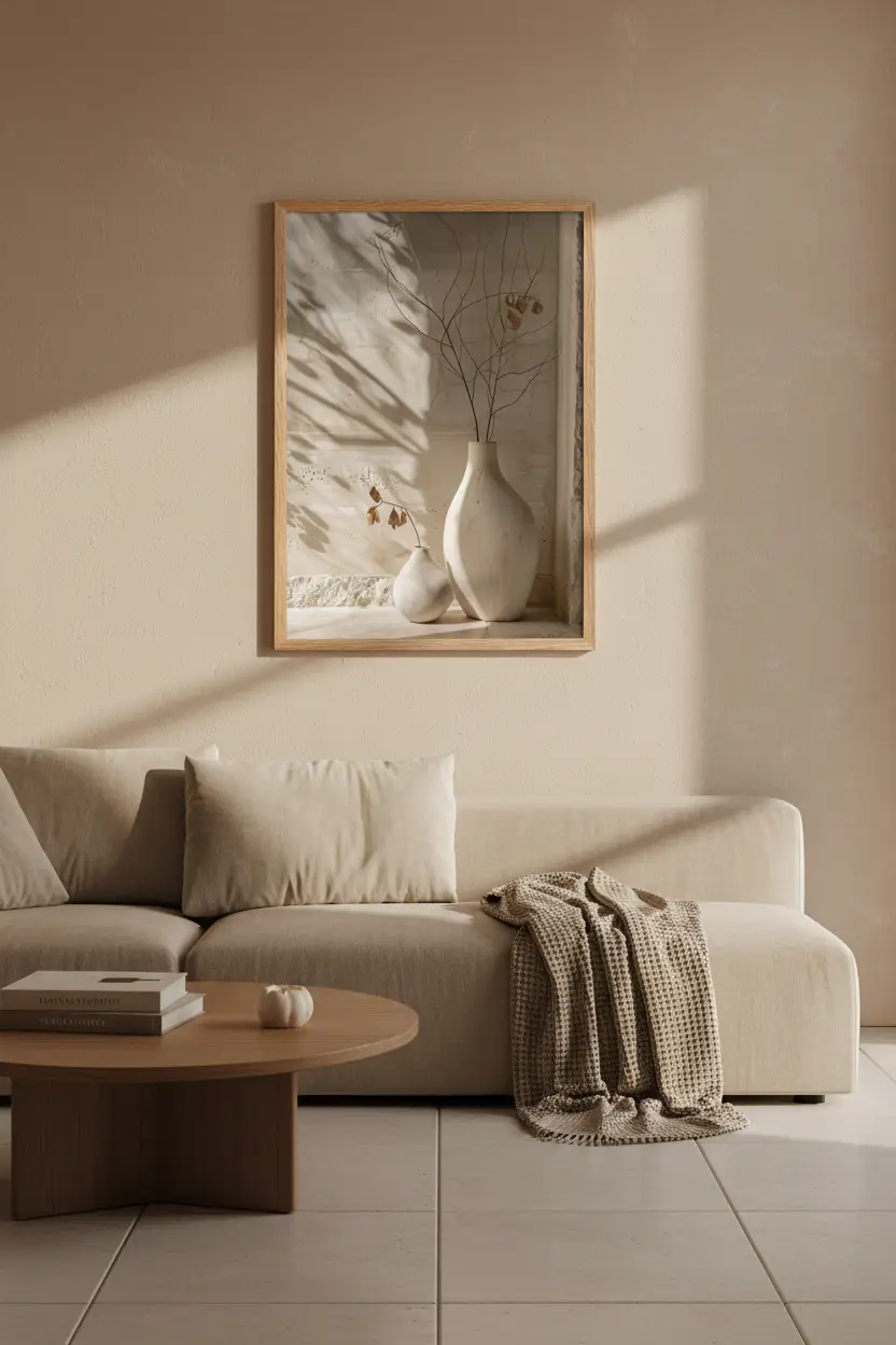 L'Ombre des Branches — Affiche murale minimaliste ivoire minéral, affiche murale minimaliste avec cadre bois, décoration murale salon ou chambre, style méditerranéen