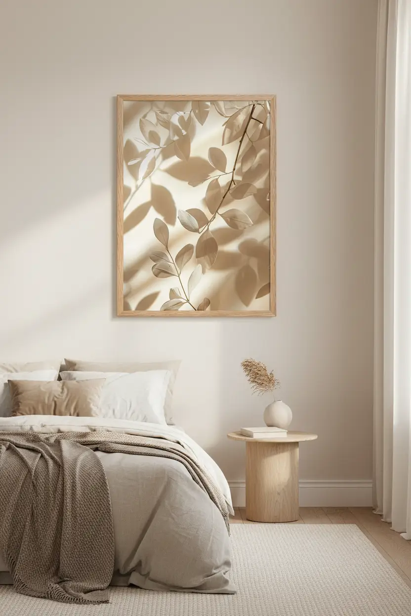 Les Feuilles et leurs Ombres — Affiche murale minimaliste ivoire végétal, affiche murale minimaliste avec cadre bois, décoration murale salon ou chambre, style méditerranéen