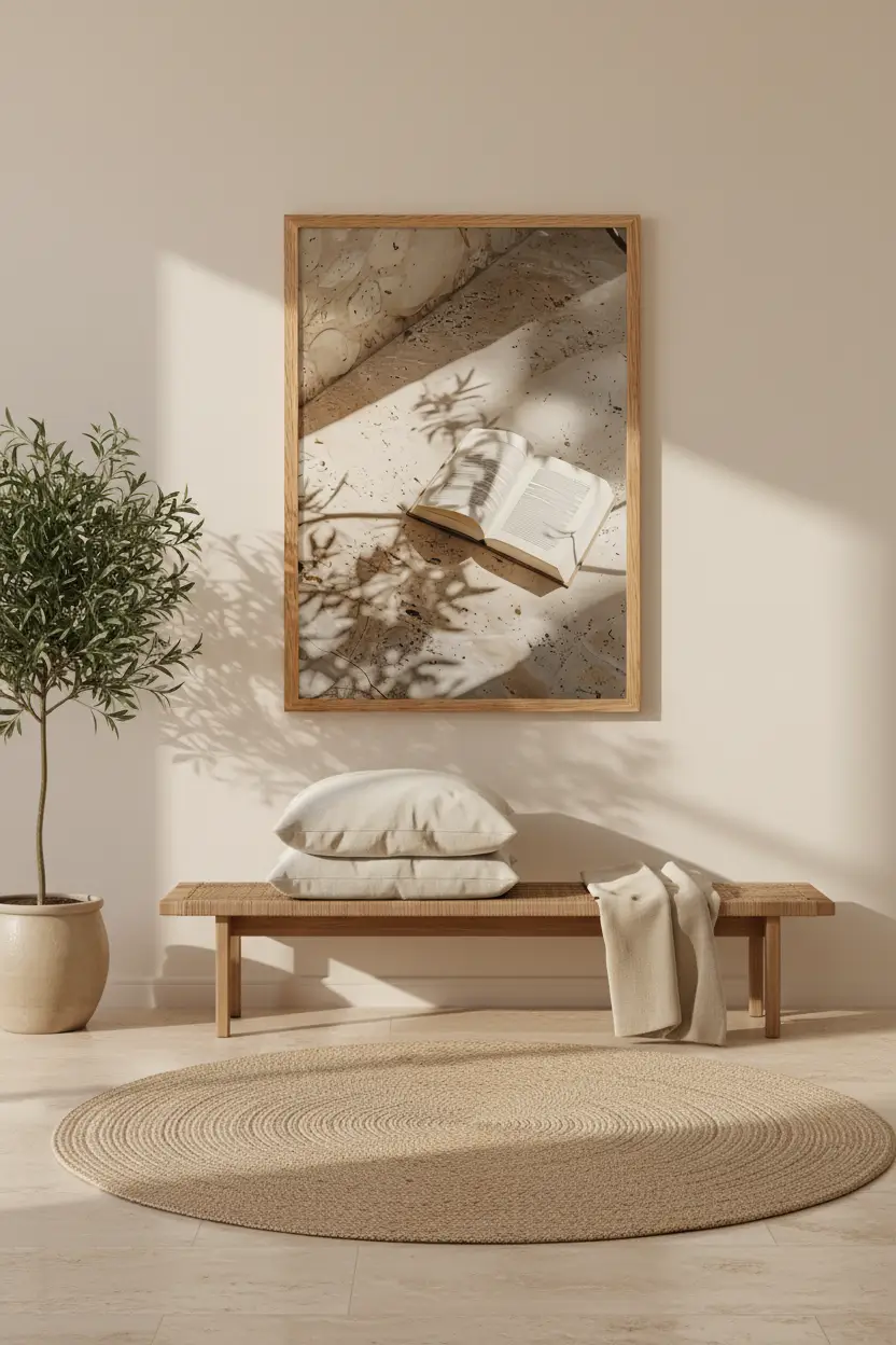 L'Ombre du Livre — Affiche murale minimaliste beige travertin, affiche murale minimaliste avec cadre bois, décoration murale salon ou chambre, style méditerranéen