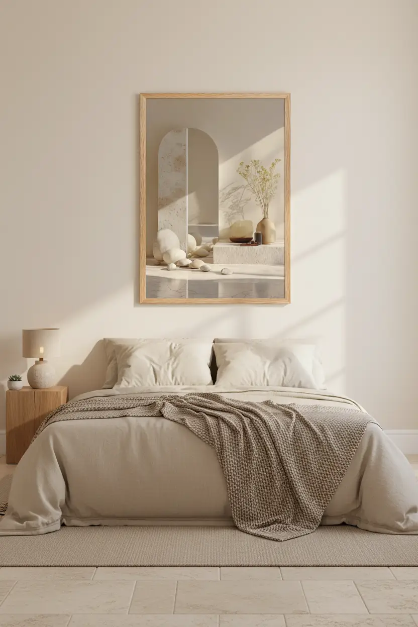 L'Arche et les Galets — Affiche murale minimaliste ivoire architecture, affiche murale minimaliste avec cadre bois, décoration murale salon ou chambre, style méditerranéen