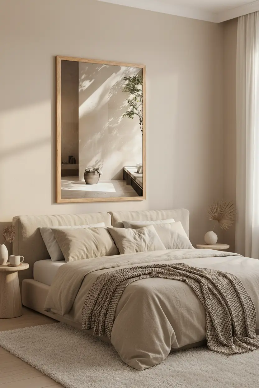 L'Ombre du Feuillage — Affiche murale minimaliste ivoire végétal, affiche murale minimaliste avec cadre bois, décoration murale salon ou chambre, style méditerranéen