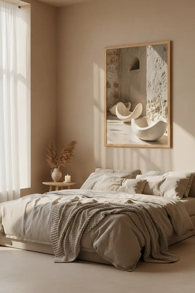 Les Coques de Pierre — Affiche murale minimaliste sable minéral, affiche murale minimaliste avec cadre bois, décoration murale salon ou chambre, style méditerranéen