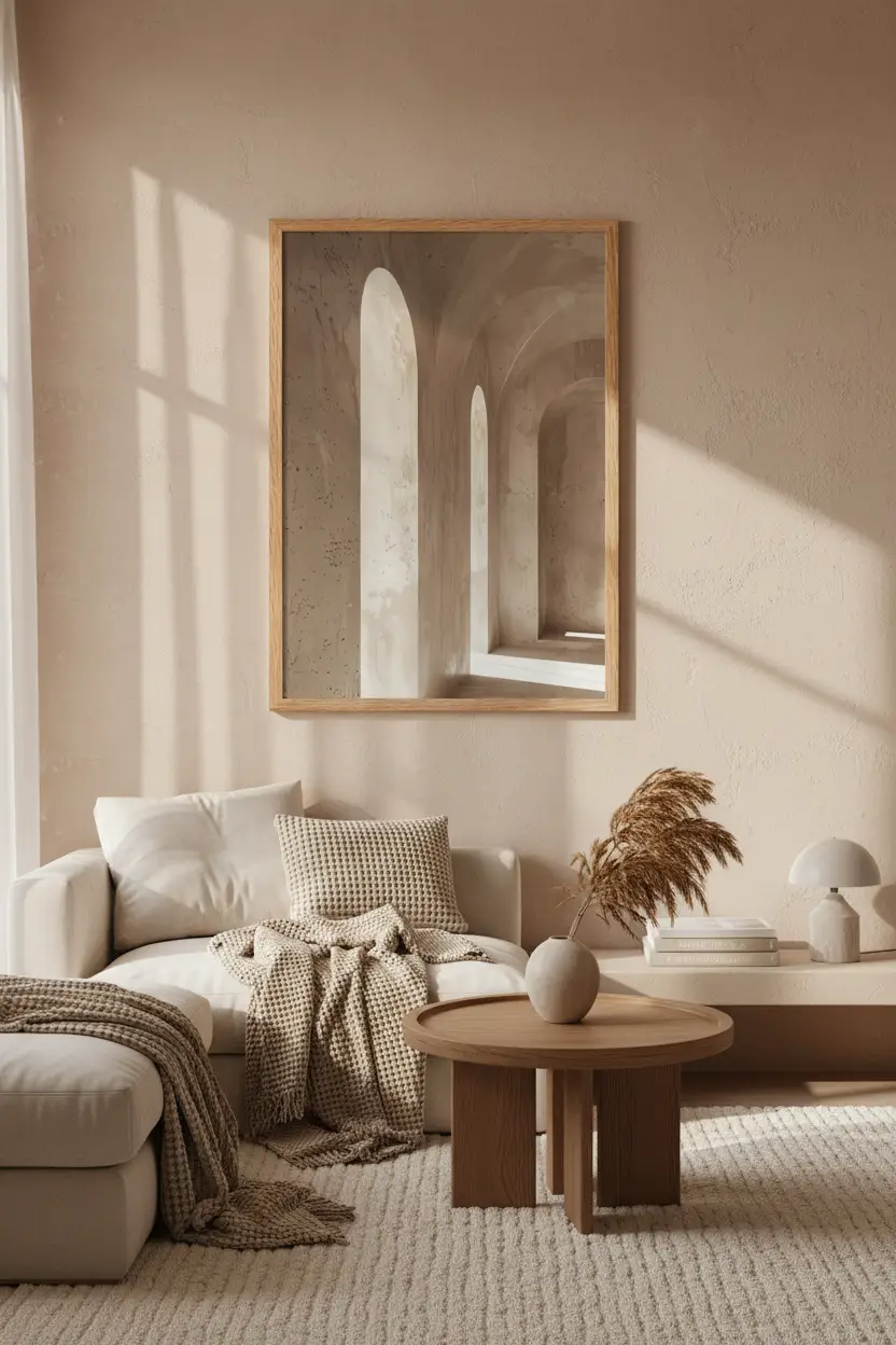 L'Allée des Voûtes — Affiche murale minimaliste beige architecture, affiche murale minimaliste avec cadre bois, décoration murale salon ou chambre, style méditerranéen