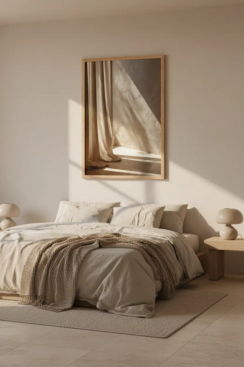 Le Rideau et la Lumière — Affiche murale minimaliste ivoire sable lumière, affiche murale minimaliste avec cadre bois, décoration murale salon ou chambre, style méditerranéen