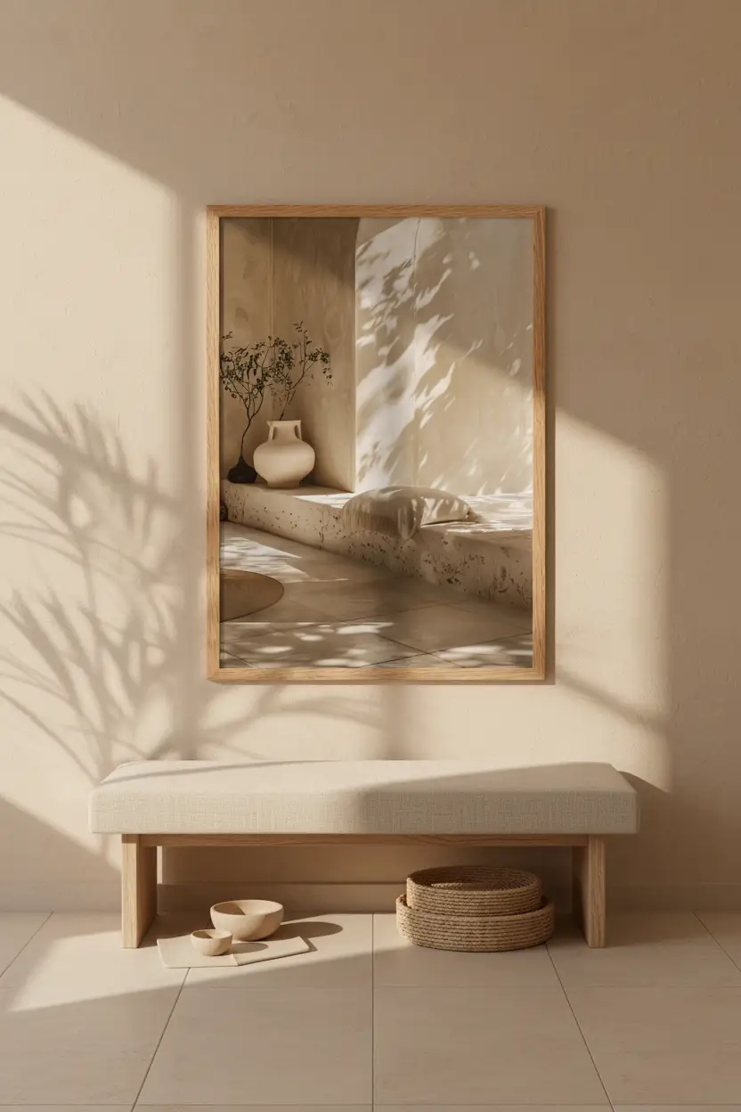 L'Angle à l'Olivier — Affiche murale minimaliste sable végétal, affiche murale minimaliste avec cadre bois, décoration murale salon ou chambre, style méditerranéen