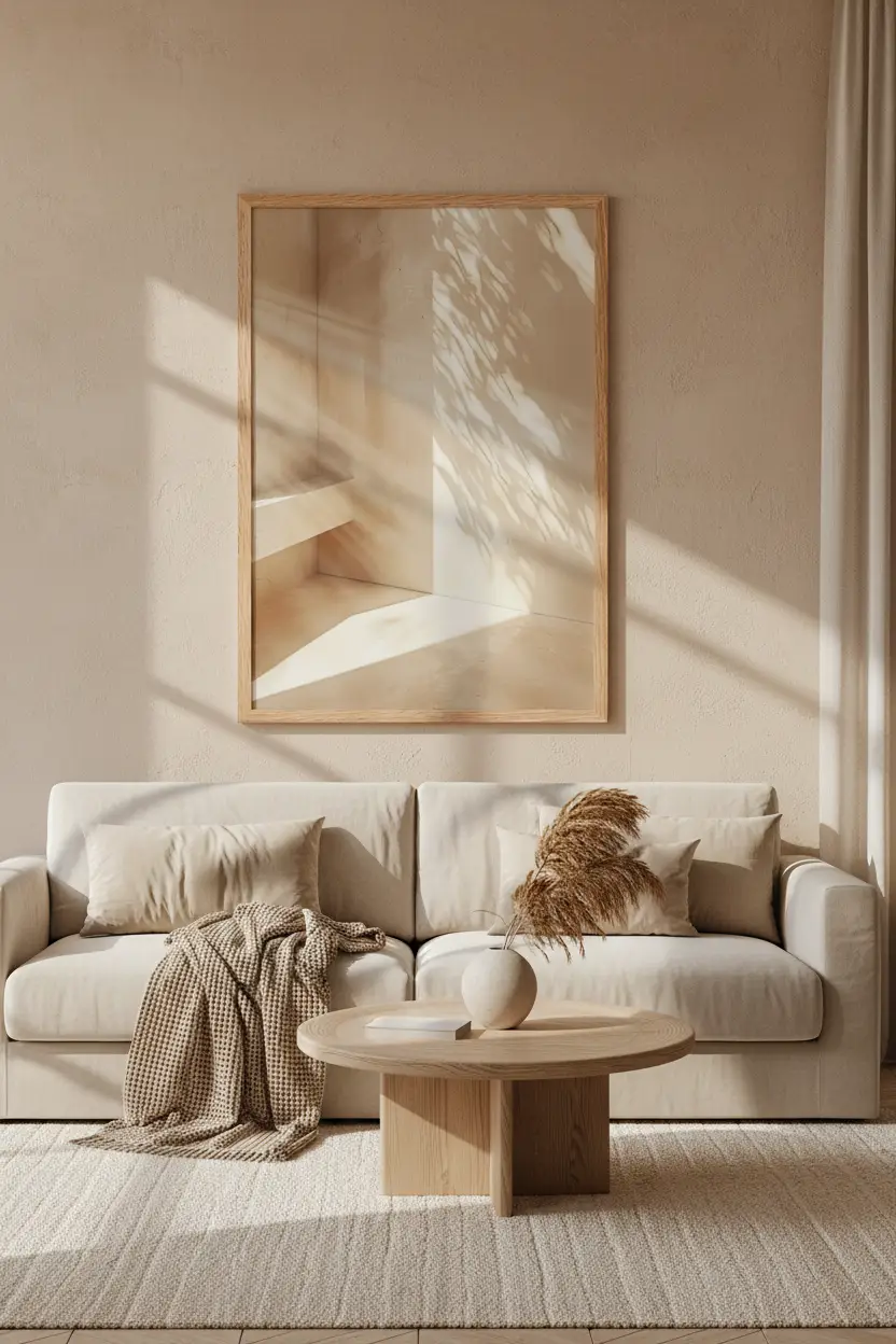 L'Escalier et l'Ombre — Affiche murale minimaliste beige architecture, affiche murale minimaliste avec cadre bois, décoration murale salon ou chambre, style méditerranéen