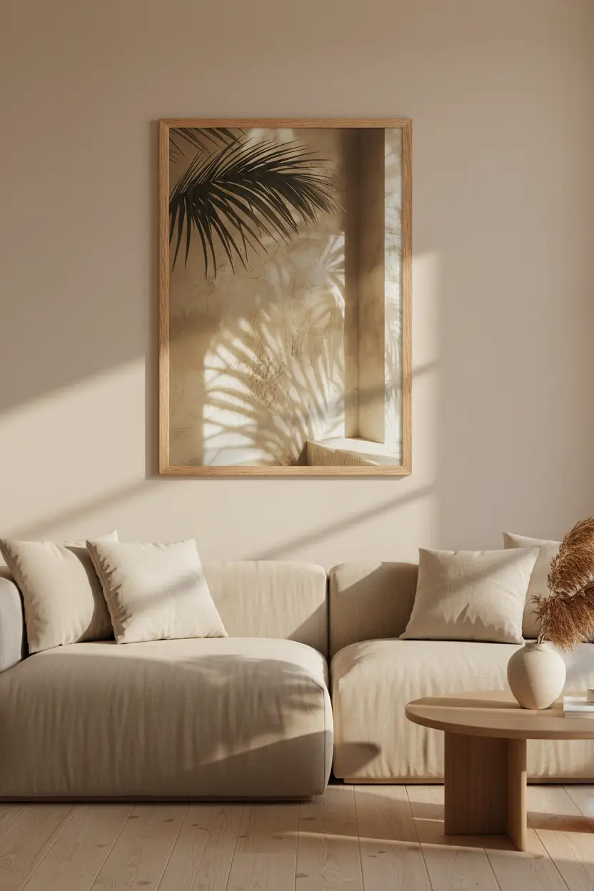 L'Ombre du Palmier — Affiche murale minimaliste sable végétal, affiche murale minimaliste avec cadre bois, décoration murale salon ou chambre, style méditerranéen