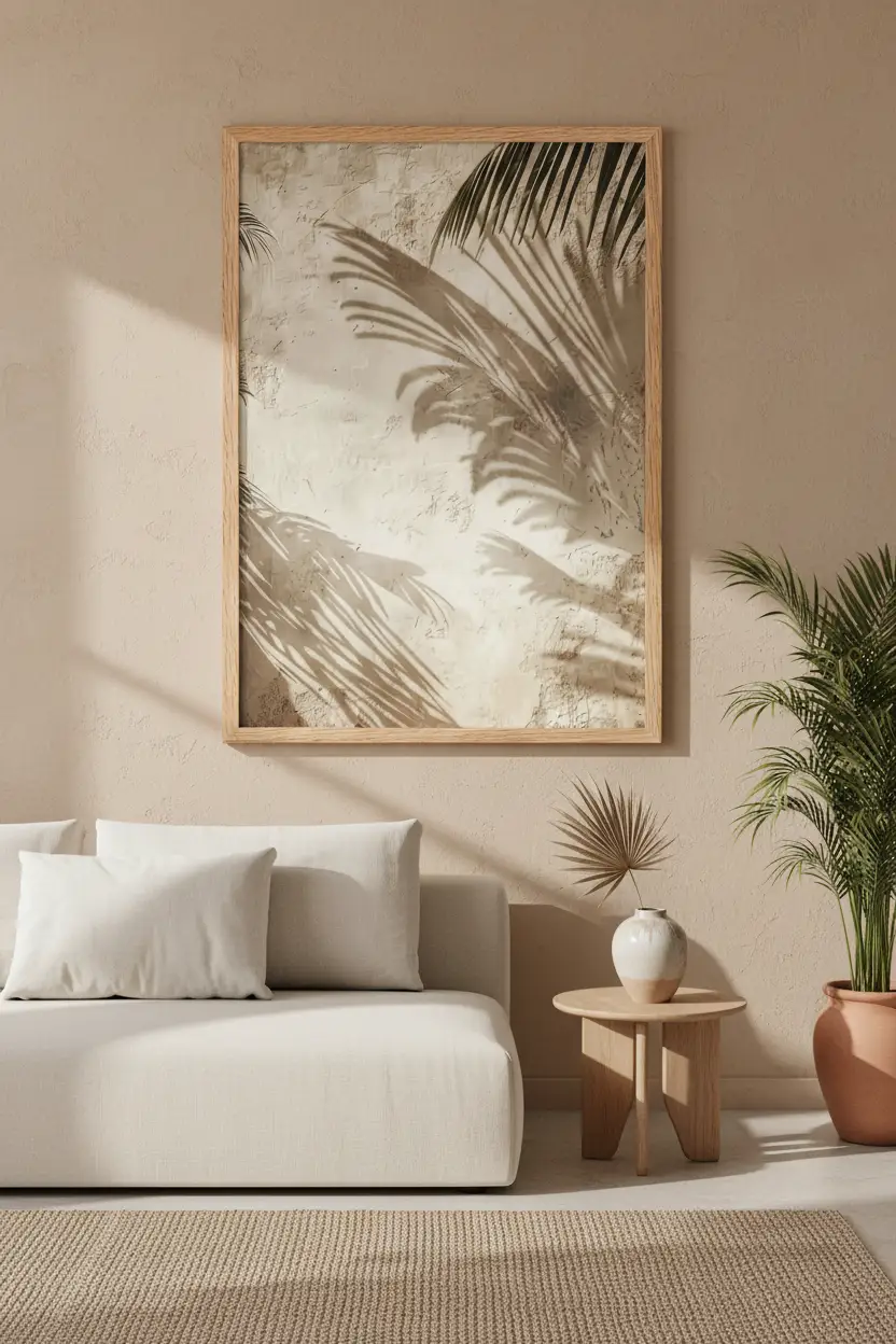 Les Ombres du Patio — Affiche murale minimaliste sable végétal, affiche murale minimaliste avec cadre bois, décoration murale salon ou chambre, style méditerranéen