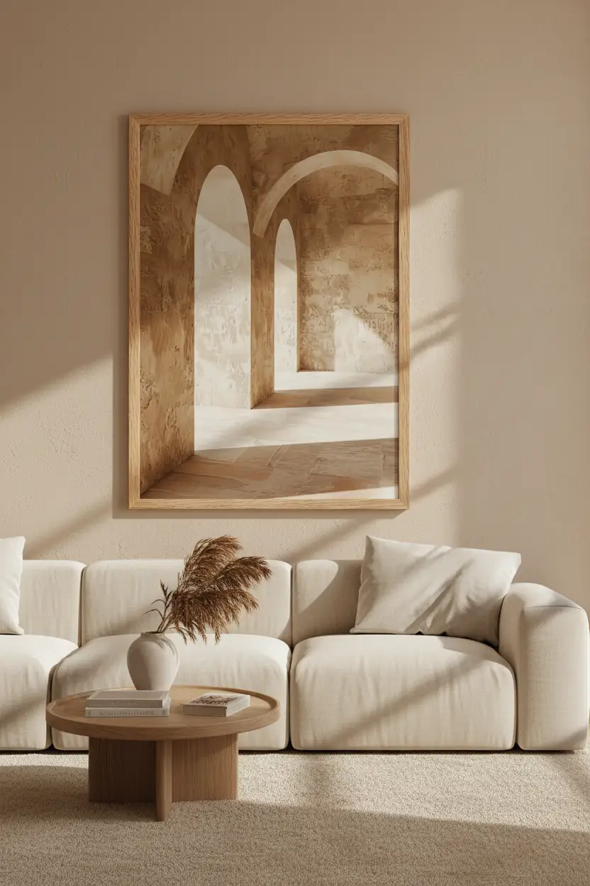 La Salle des Arches — Affiche murale minimaliste ocre architecture, affiche murale minimaliste avec cadre bois, décoration murale salon ou chambre, style méditerranéen