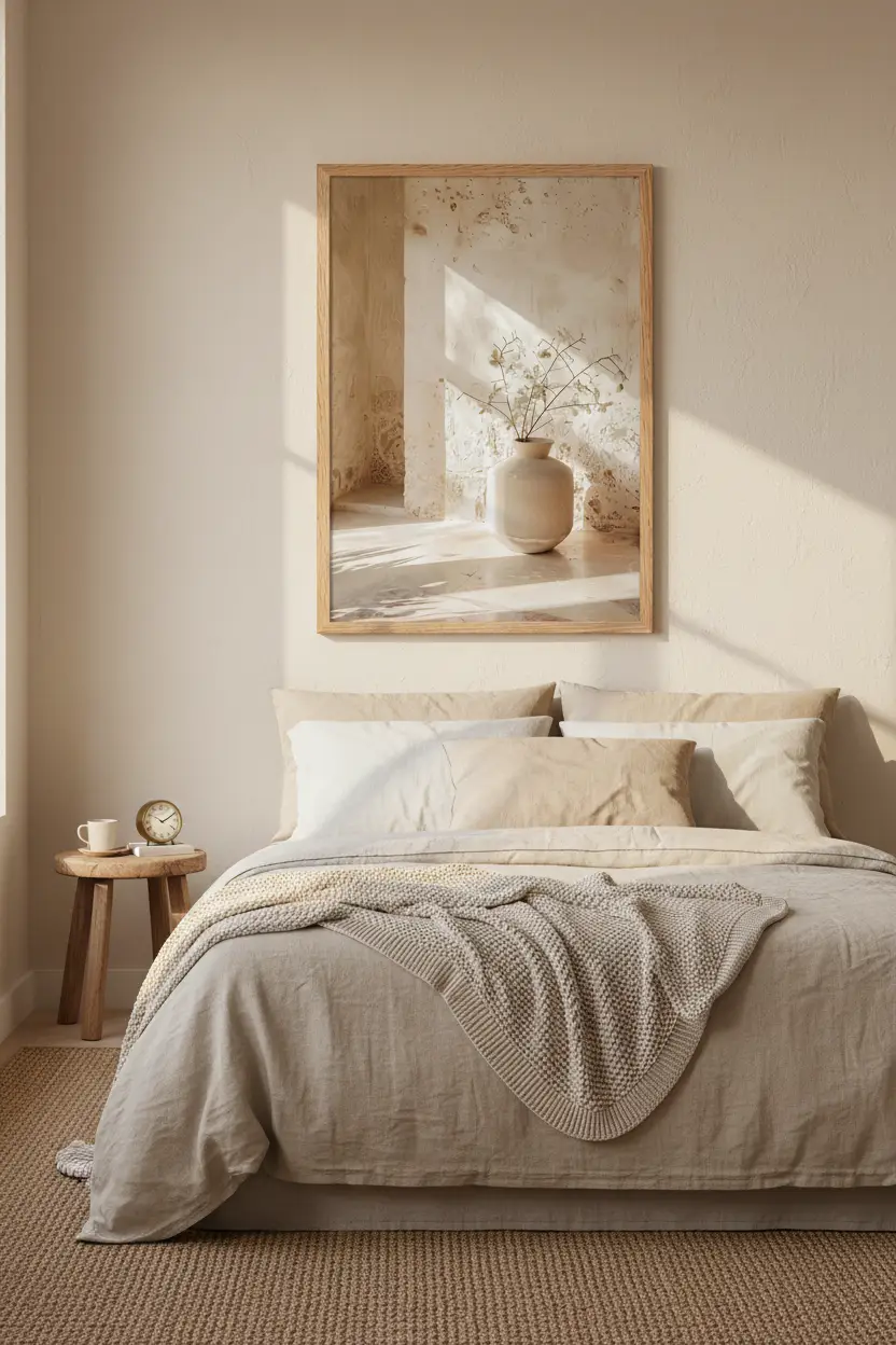 Le Vase dans la Niche — Affiche murale minimaliste ivoire végétal, affiche murale minimaliste avec cadre bois, décoration murale salon ou chambre, style méditerranéen