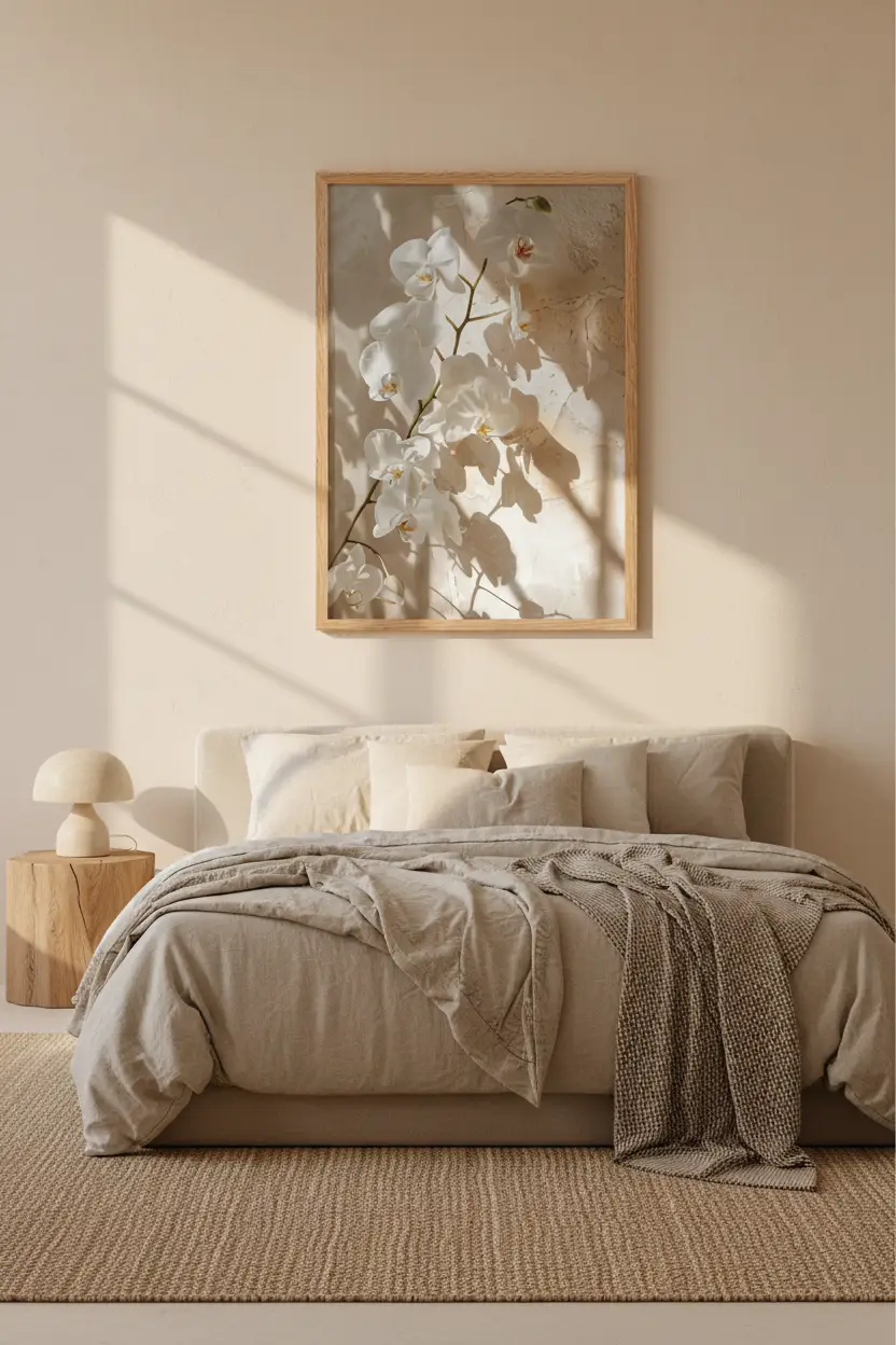 La Branche d'Orchidée — Affiche murale minimaliste florale ivoire, affiche murale minimaliste avec cadre bois, décoration murale salon ou chambre, style méditerranéen