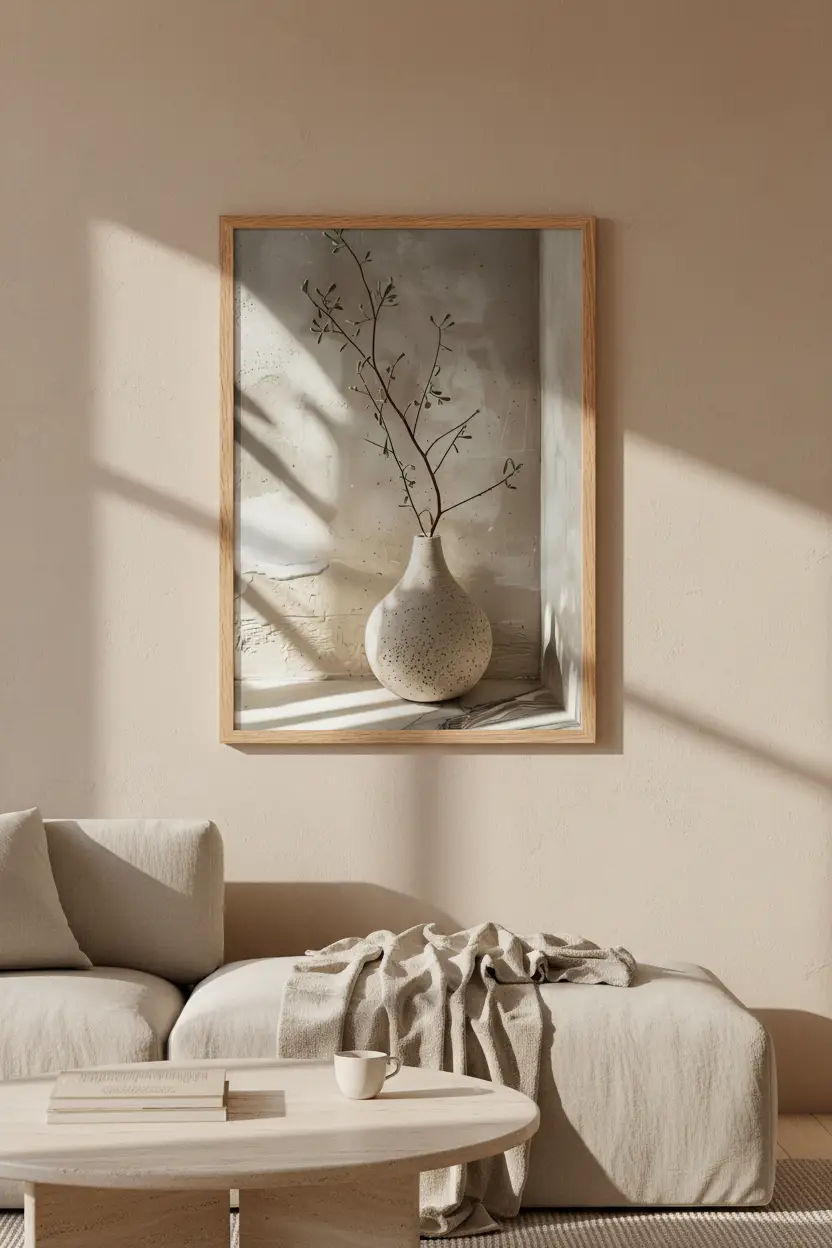 La Branche d'Olivier — Affiche murale minimaliste ivoire végétal, affiche murale minimaliste avec cadre bois, décoration murale salon ou chambre, style méditerranéen