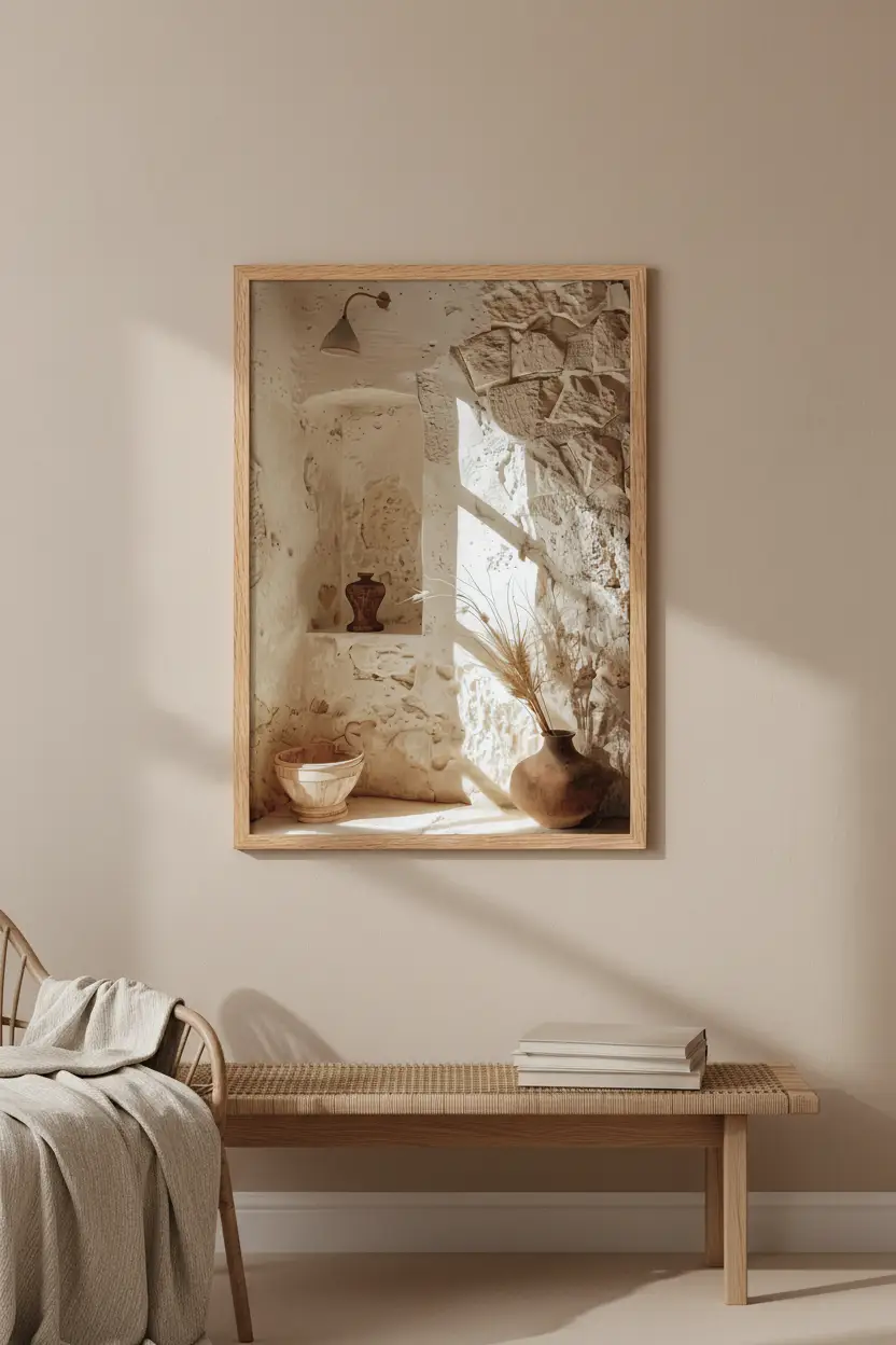 La Maison de Pierre — Affiche murale minimaliste sable architecture, affiche murale minimaliste avec cadre bois, décoration murale salon ou chambre, style méditerranéen