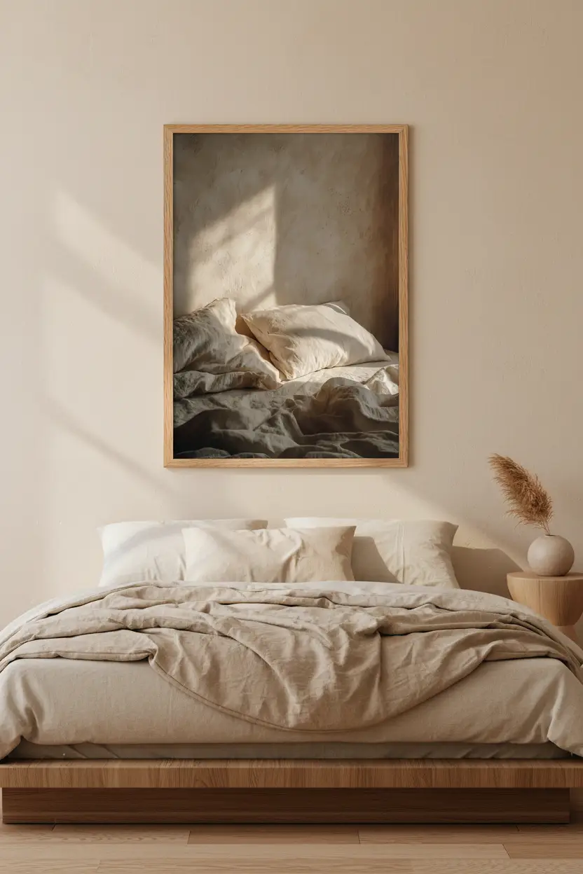 L'Aube sur le Lin — Affiche murale minimaliste sable linge, affiche murale minimaliste avec cadre bois, décoration murale salon ou chambre, style méditerranéen