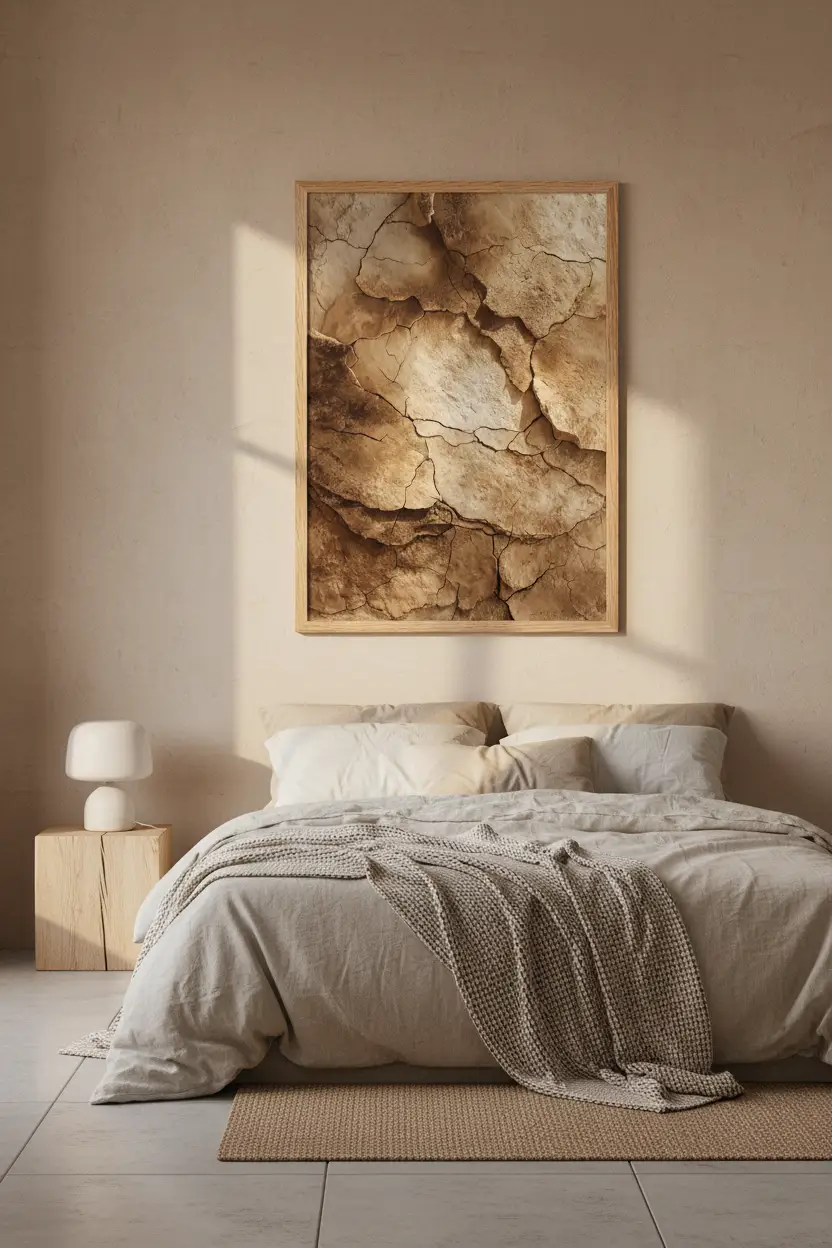 La Terre Fendue — Affiche murale minimaliste minérale sable, affiche murale minimaliste avec cadre bois, décoration murale salon ou chambre, style méditerranéen