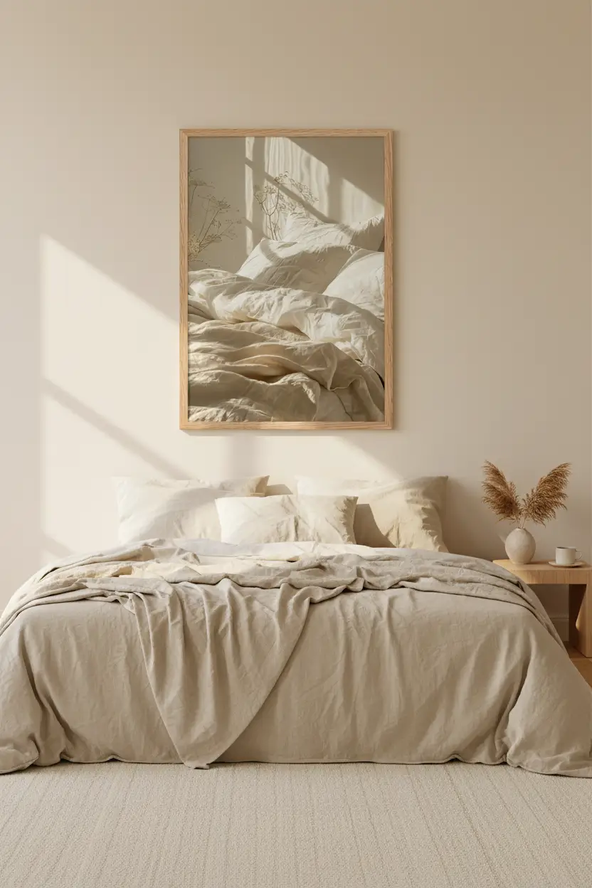 Le Lit du Matin — Affiche murale minimaliste ivoire texture lumière, affiche murale minimaliste avec cadre bois, décoration murale salon ou chambre, style méditerranéen