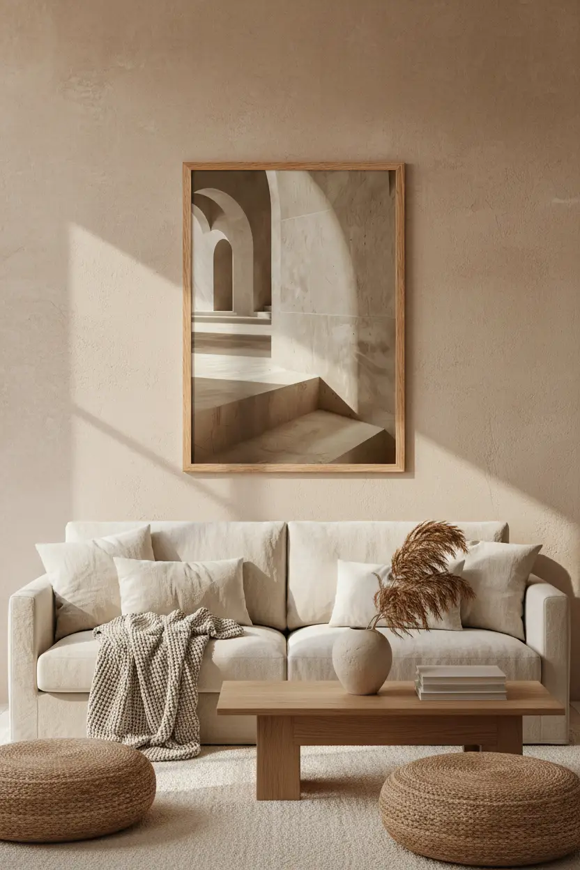 La Galerie des Arches — Affiche murale minimaliste beige architecture, affiche murale minimaliste avec cadre bois, décoration murale salon ou chambre, style méditerranéen