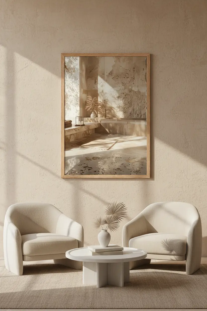 Le Bain de Pierre — Affiche murale minimaliste baignoire travertin pierre ombres feuilles lumière architecture, affiche murale minimaliste avec cadre bois, décoration murale salon ou chambre, style méditerranéen