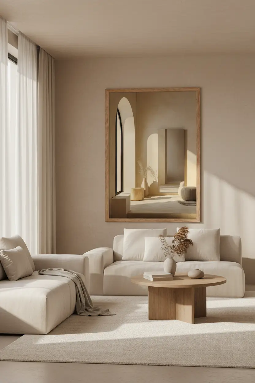 L'Heure Dorée — Affiche murale minimaliste sable architecture, affiche murale minimaliste avec cadre bois, décoration murale salon ou chambre, style méditerranéen