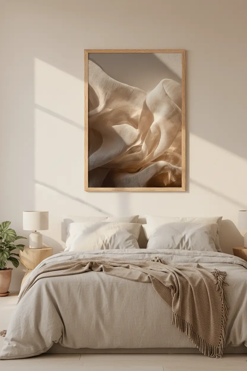 Les Vagues de Lin — Affiche murale minimaliste ivoire texture abstrait, affiche murale minimaliste avec cadre bois, décoration murale salon ou chambre, style méditerranéen
