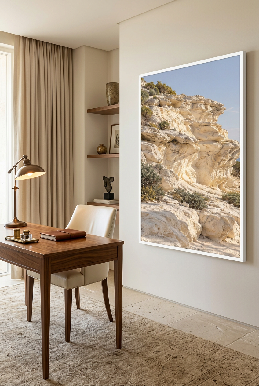 The Sculpted Cliff — poster in a white frame in a home office