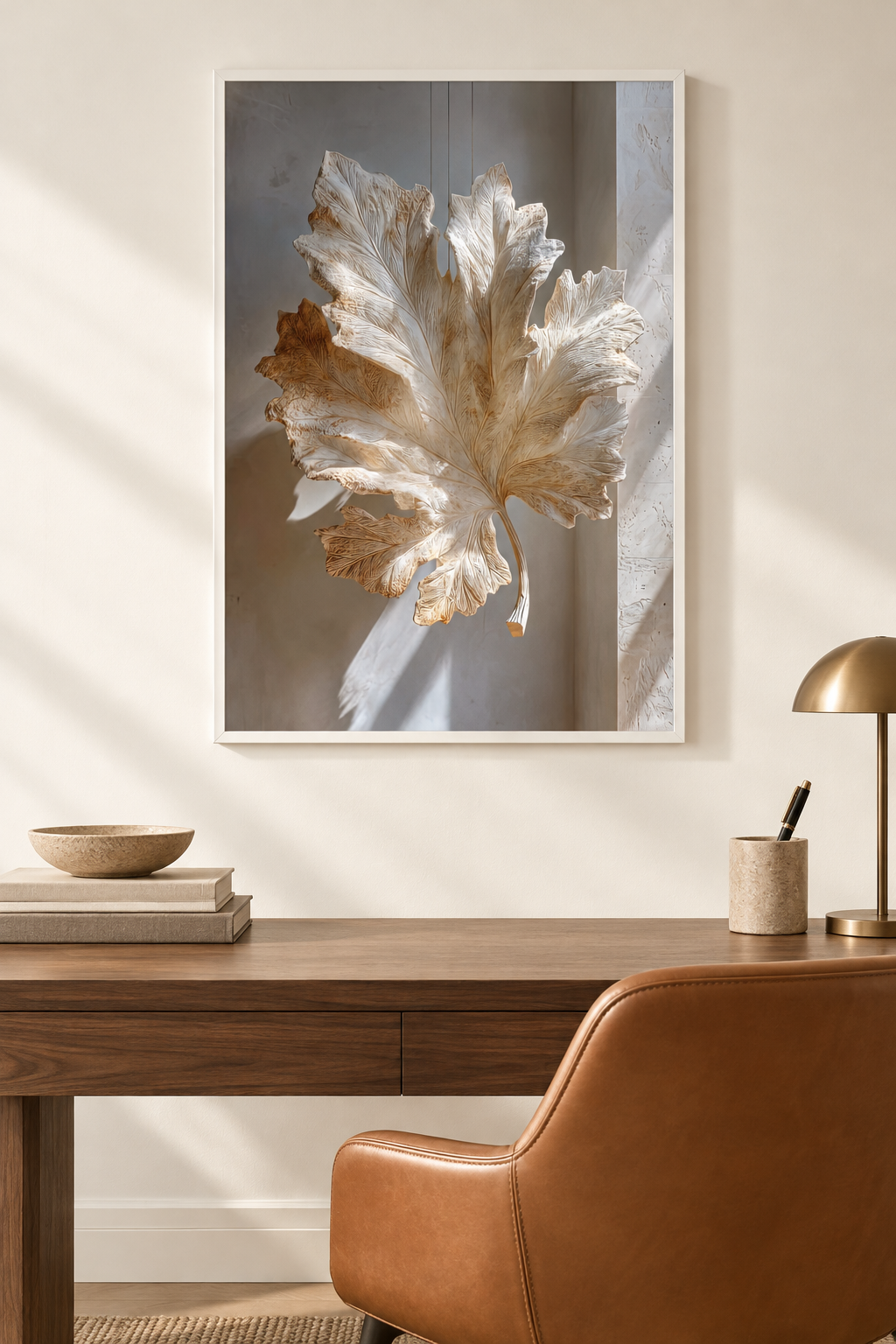 The Fig Leaf with a white frame in a home office