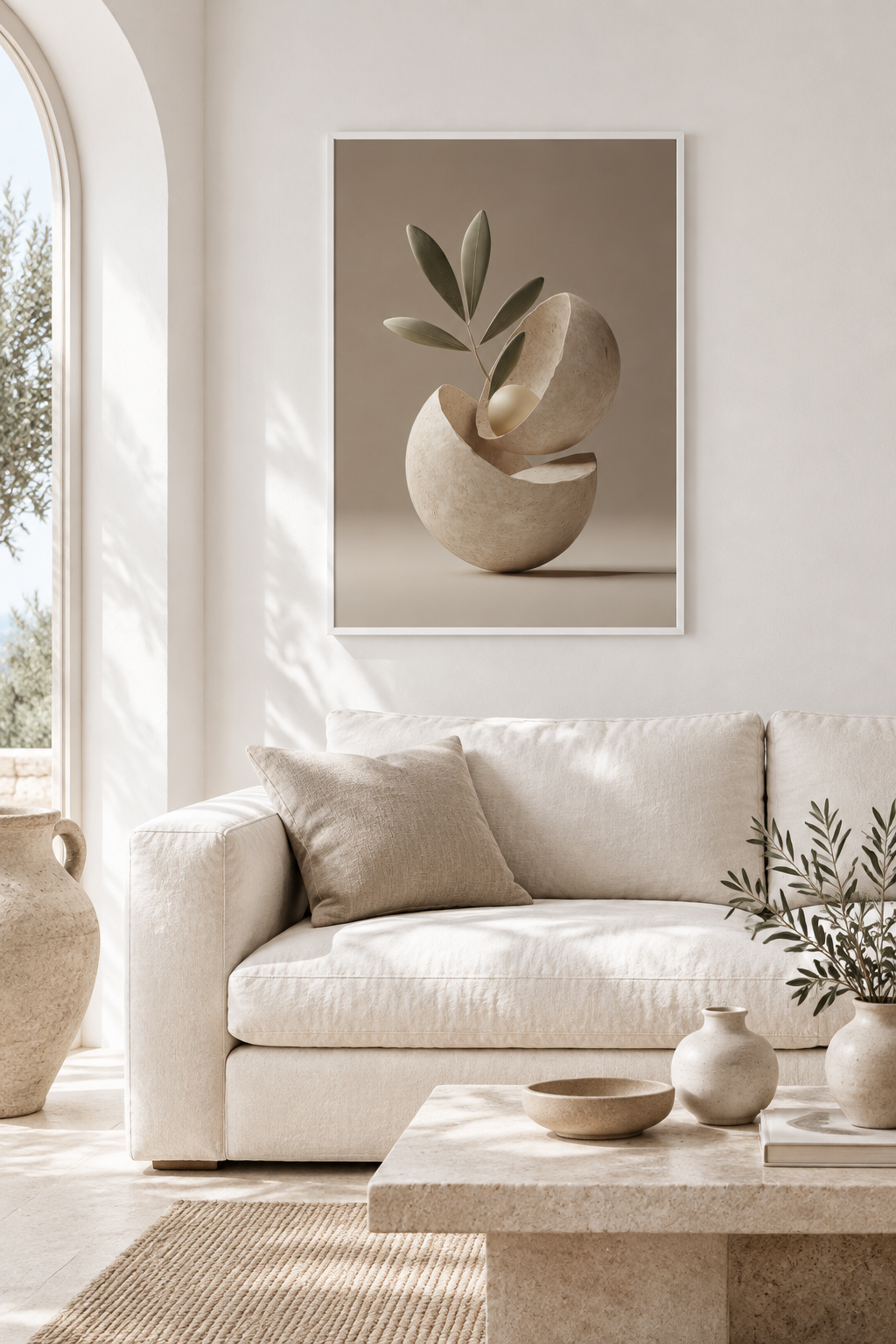 Poster The Opened Seed — opened stone seed with a single leaf, in a bright white interior