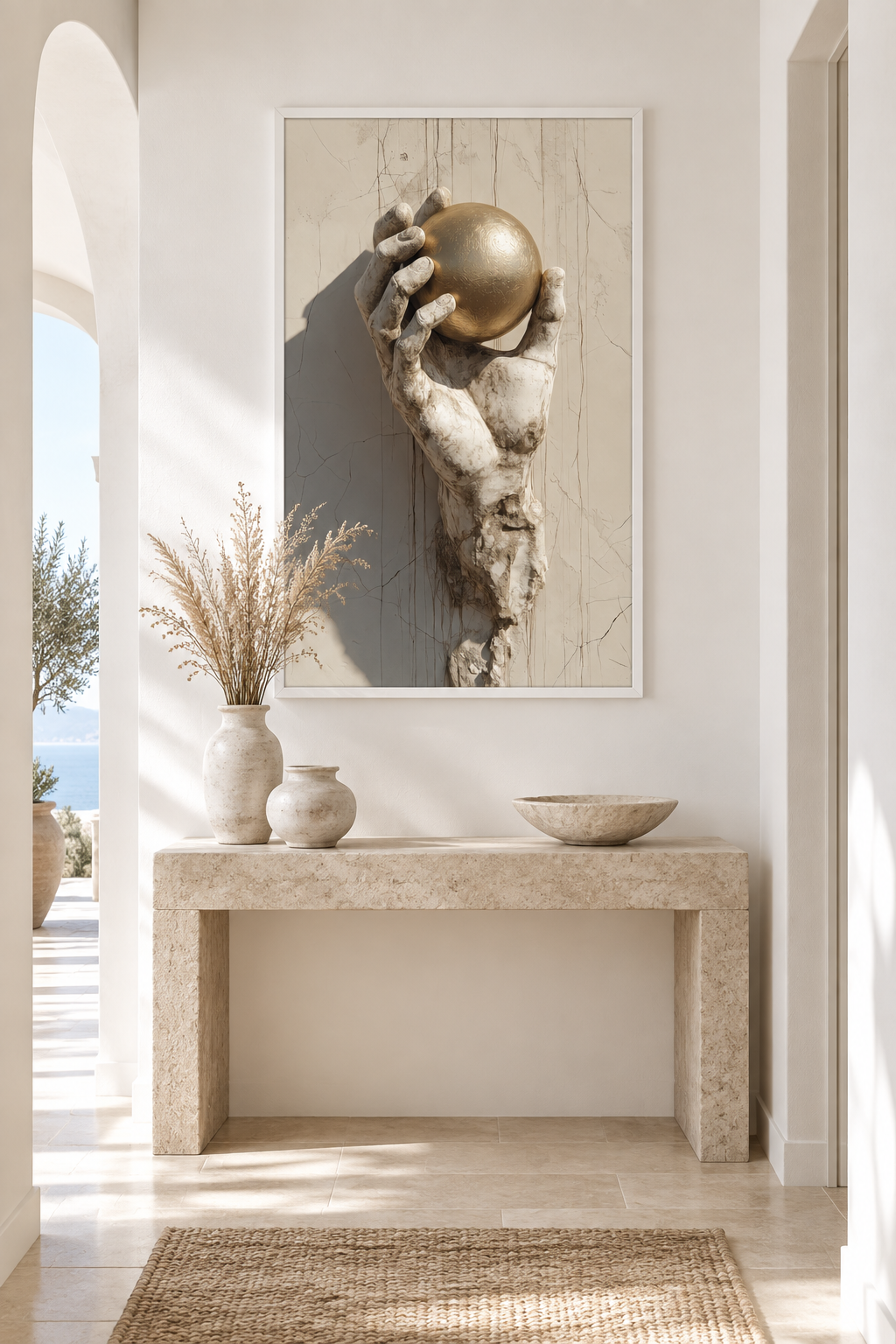 Poster The Held Orb — golden orb held by a hand of stone, in a bright white interior
