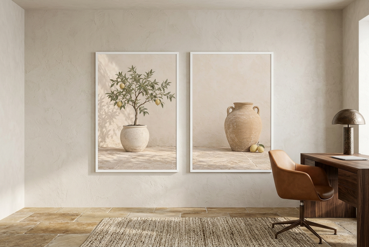The Patio Lemons — wall diptych in white frames in a home office