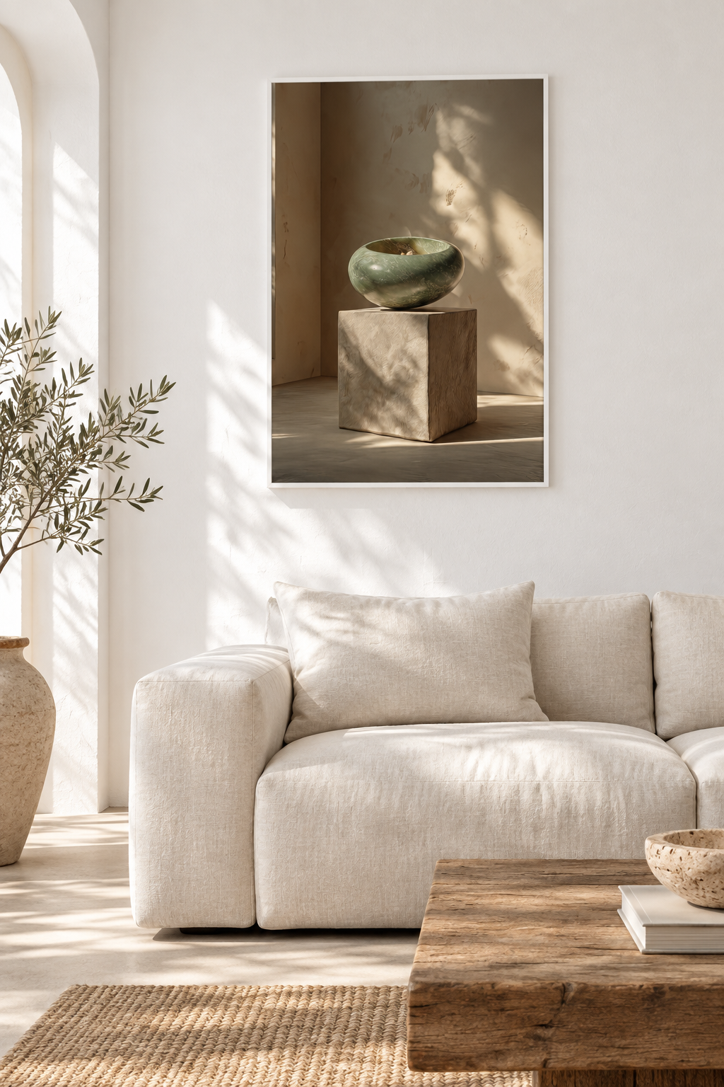 Poster La Giada e il Cubo — ciottolo verde giada in equilibrio su un cubo di pietra, in un interno bianco e luminoso