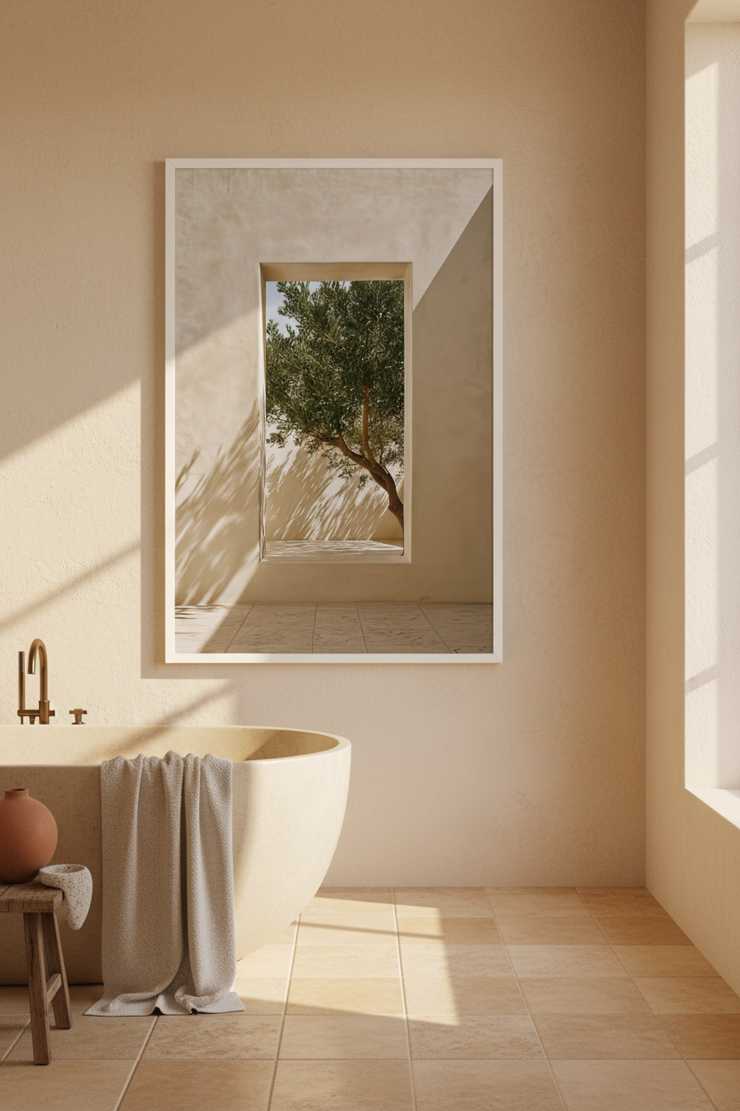 Affiche La Percée de Verdure encadrée blanc dans une salle de bain claire — ouverture taillée dans un mur ivoire sur un olivier penché