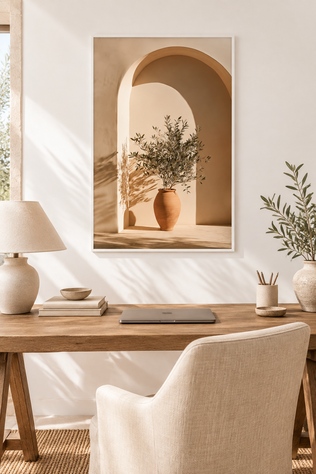 Poster The Rest Beneath the Arch — plaster arch and terracotta jar with an olive branch, in a bright white interior