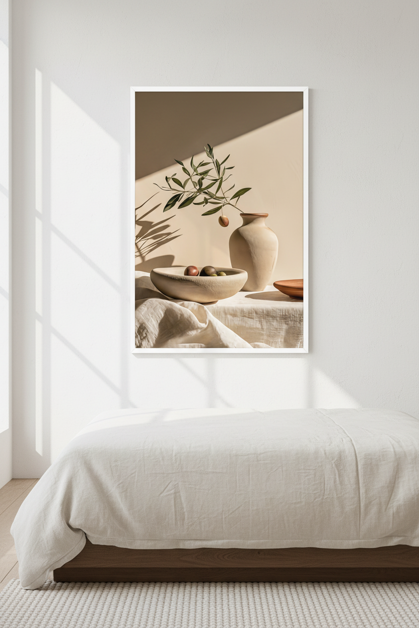 Affiche La Table aux Olives encadrée blanc dans une salle de bain claire — bol d'olives, lin froissé et vase de terre cuite