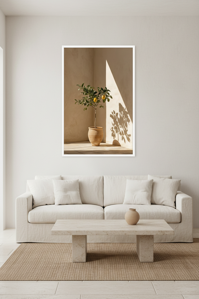Affiche Le Citronnier de Terre Cuite encadrée blanc dans une salle de bain claire — citronnier en jarre de terre cuite dans l'angle d'un mur ocre