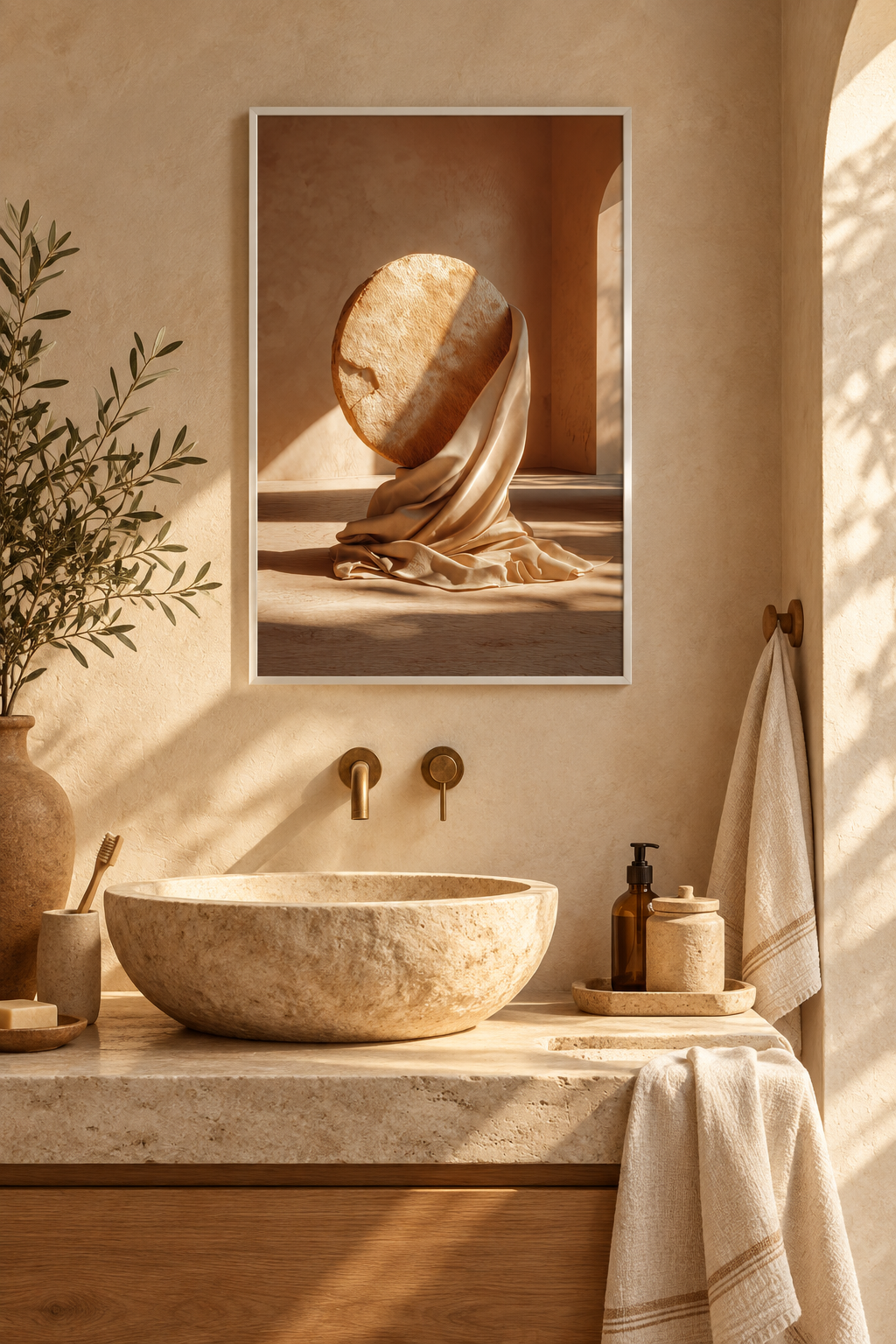 Poster The Wrapped Sphere — veined stone sphere resting on drapery, in a bright white interior