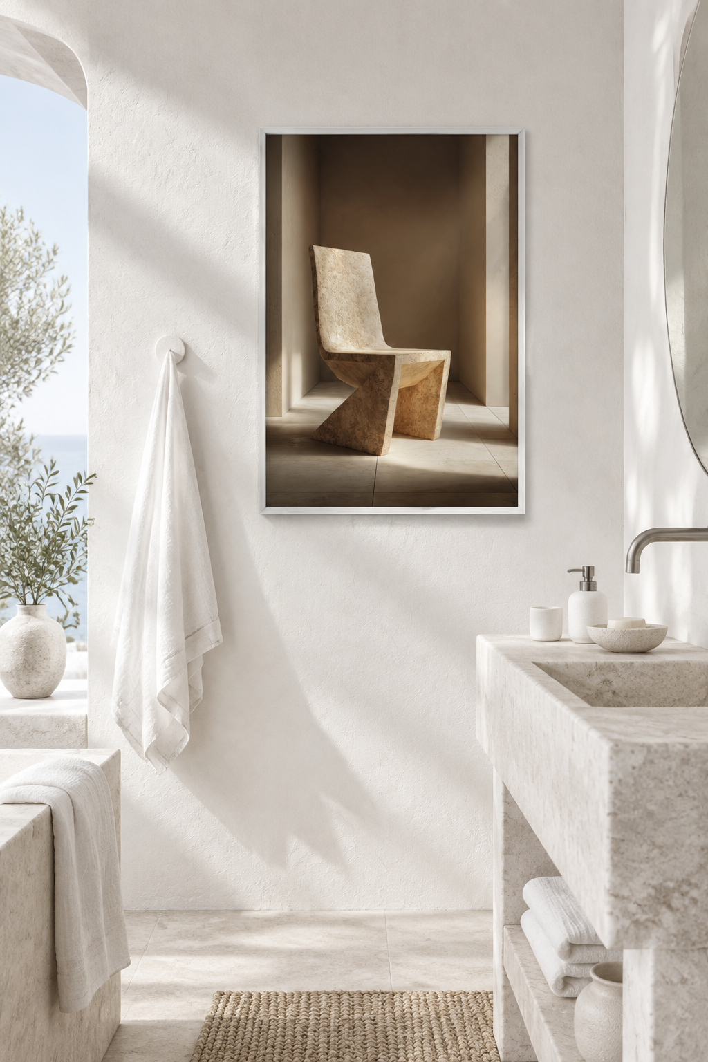 Poster Il Sedile Scolpito — sedia scolpita in un blocco di pietra chiara, in un interno bianco e luminoso